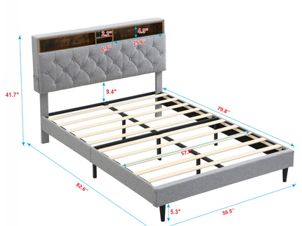 Modern Upholstered Platform Bed Frame With Button Tufted Headboard And USB Ports