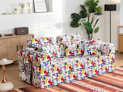 Pop Graffiti Printed Convertible Sleeper Sofa Bed, Foldable Multi Functional Couch For Living Room - White