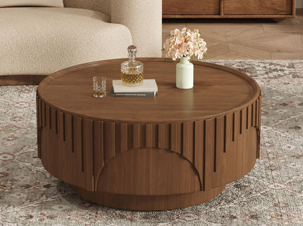 Round Fluted Drum Coffee Table With Sturdy Base For Living Room