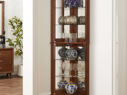Corner Curio Dispaly Cabinet With Lights, Adjustable Tempered Glass Shelves, Mirrored Back (E26 Light Bulb Not Included)