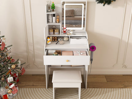 LED Vanity Mirror With Stool, 2 Drawers & 5 Storage Cabinets, Adjustable Lighting Mdf Dressing Table For Bedroom - White