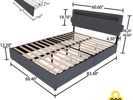 Bed With USB Charging Station, LED Lights, Headboard & Storage Drawers