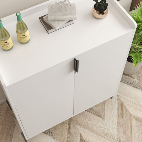 2 Door Wine Bar Cabinet With Adjustable Shelf, Soft-Closing Hinges, And High Feet - White