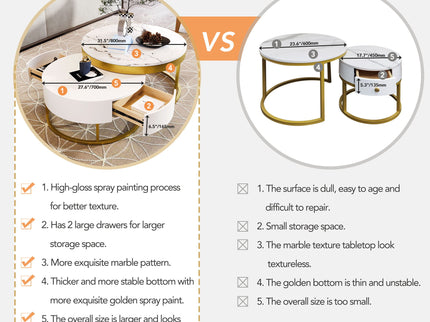 Round Nesting Coffee Table With Drawers - Golden / White