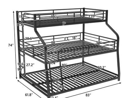 Twin Long / Full Long / Queen Triple Bunk Bed With Long And Short Ladder And Full-Length Guardrails - Black