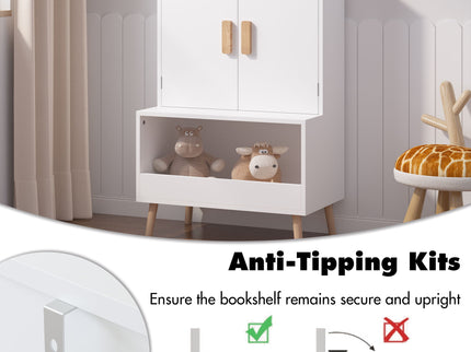 Toy Storage Cabinet With Doors And Open Shelf, Toddler Bookshelf For Playroom - White