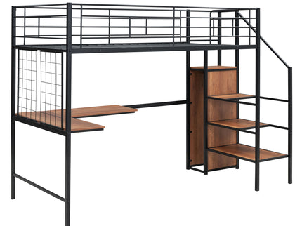 Loft Bed With Desk And Grid, Stylish Frame With Lateral Storage Ladder And Wardrobe