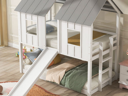 Twin Over Twin House Bunk Bed With Slide And Windows - White / Gray