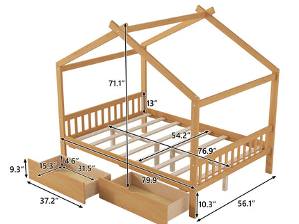 House Style Platform Bed With Headboard, Footboard, 2 Drawers, And Roof Design
