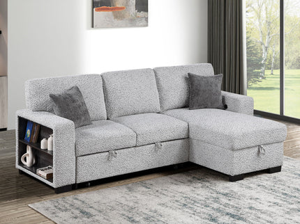 Buzz - Reversible Sleeper Sectional Sofa With Storage Chaise, Console Arm, USB Charging & Cup Holders - Gray
