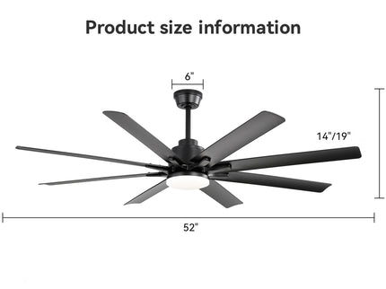 52" Smart Ceiling Fan With 8 Blades, Voice Remote Control, 6 Wind Speeds, LED Light - Black