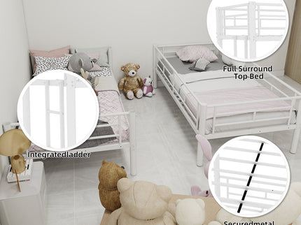 Metal Bunk Bed For Kids, Convertible Bedframe With Ladders & Guardrail