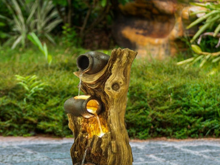 Decorative 3 Tier Tree Trunk Fountain With Lights And Pump - Brown