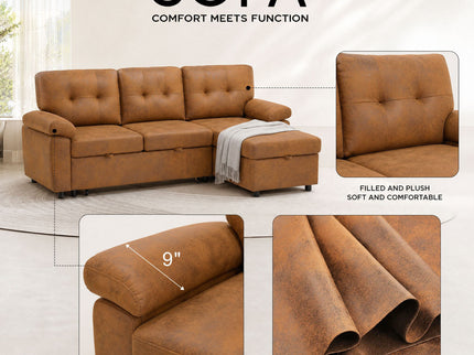 Convertible L - Sectional Sofa Bed With Storage Chaise And Padded Armrests