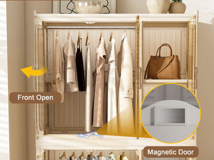 Portable Wardrobe Closet Storage Organizer For Clothes, 6 Magnetic Doors With 6 Cubes & 2 Hanging Rods, 6 Hangers - Cream White