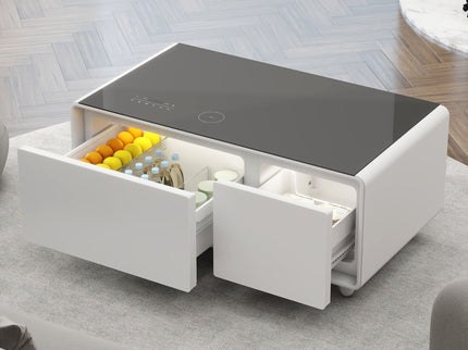 Modern Smart Coffee Table With Built-In Fridge - tooth Speaker, Wireless Charging, Touch Control Panel, USB Interface, Outlet Protection, Atmosphere Light