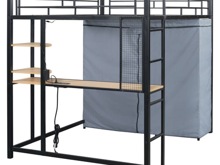 Loft Bed With Desk, Shelves, Power Outlet, LED Light And Wardrobe