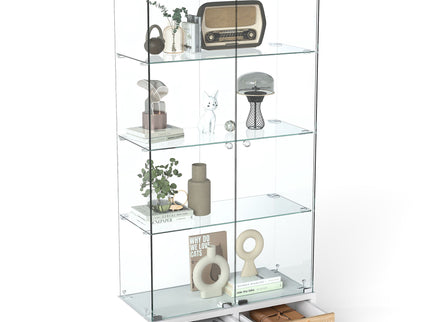 Glass Display Cabinet With LED Lights, Tempered Glass Doors, Large Drawers, 2 Door Storage Case With 4 Shelves - Natural / White