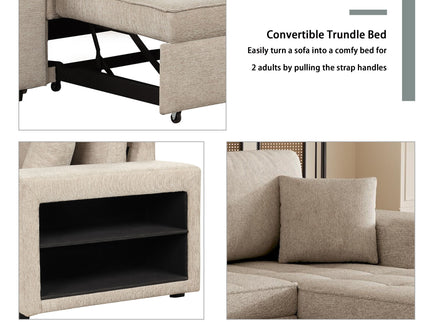 Modern L-Shape 3 Seat Reversible Sectional Couch, Pull Out Sleeper Sofa With Storage Chaise And 2 Stools For Living Room Furniture Set