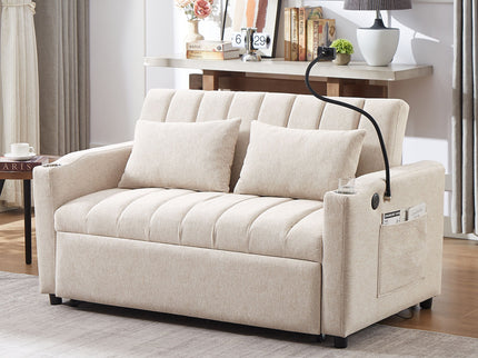 Convertible Sofa Bed Loveseat Sofa With Three USB Ports, Two Side Pockets, Two Cup Holders And 360° swivel Phone Holder For Living Room
