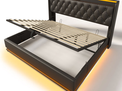 Upholstered Bed, 360 Surround LED Function, Remote Control, Hydraulic Storage Bed With USB, Type-C Charging (Without Mattress)