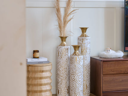 Floor Metal Vases Decorated Metal Vases (Set of 3) Gorgeous Home Decoration Large Glazed Metal Vases - White / Gold