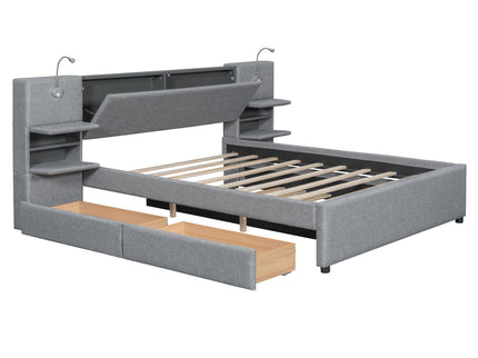 Upholstered Platform Bed With Reading Lights, Drawers, Trundle And Shelves