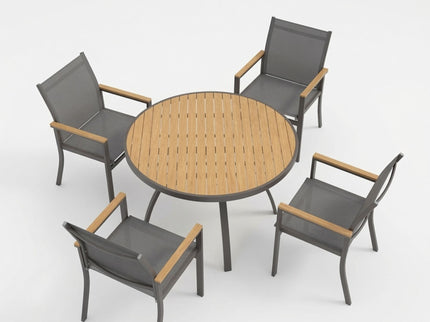 Gray Aluminum Patio Dining Set With Textilene Chairs, 5 Piece All Weather Round Table And 4 Seater For Garden, Deck, Or Porch