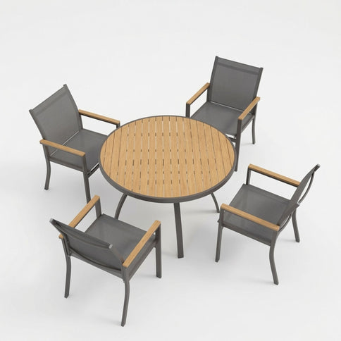 Gray Aluminum Patio Dining Set With Textilene Chairs, 5 Piece All Weather Round Table And 4 Seater For Garden, Deck, Or Porch