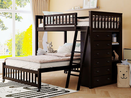 Bunk Bed With 6 Drawers And Flexible Shelves, Bottom Bed With Wheels
