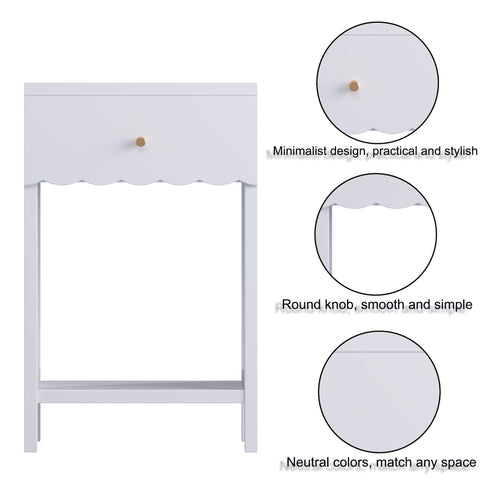 Nightstand With Drawer And Open Shelf, Scalloped Edge Bedside Table