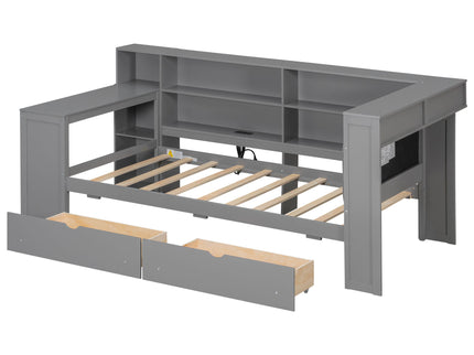 Platform Bed With Upholstered Headboard, Storage Shelves, Drawers, Charging Station, LED Lighting, Built In Desk
