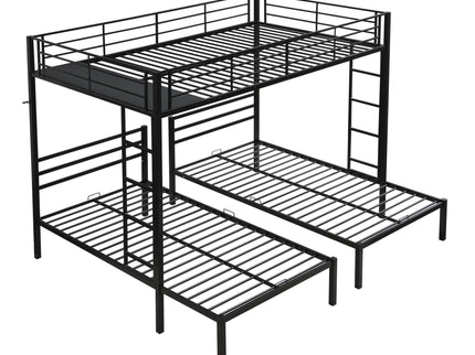 Modern Metal Triple Bunk Bed With Vertical Ladder, Safety Rail, And Storage Shelf - Black