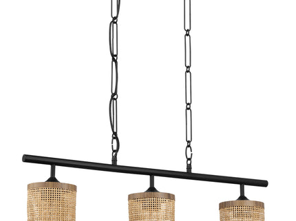Elysian - 3 Lights Island With Natural Shade Farmhouse Chain Ceiling Lamp - Black / Rattan