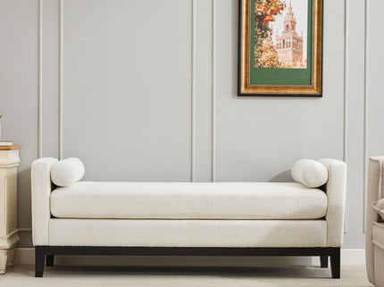 Elegant Upholstered Bench, Daybed, Ottoman With Wood Legs & Bolster Pillows - Ivory Boucle