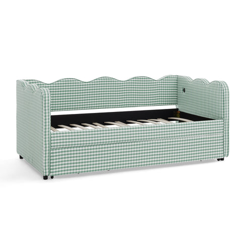 Gingham Daybed With USB Charging Port, Wave Shaped Design