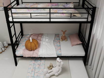 Metal Bunk Bed For Kids, Convertible Bedframe With Ladders & Guardrail