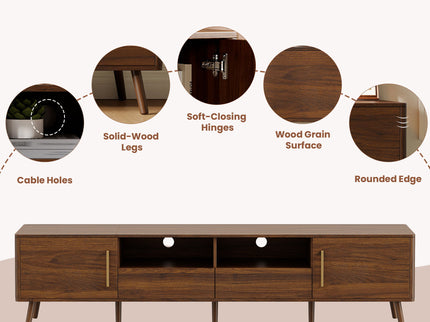 78" TV Stand For 85" TVs With Soft Close Doors, Open Shelf - Walnut