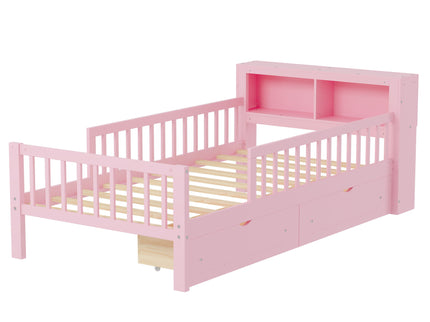 Bed With Headboard Storage Rack, 2 Under Bed Drawers, 3 Side Guardrails For Safety