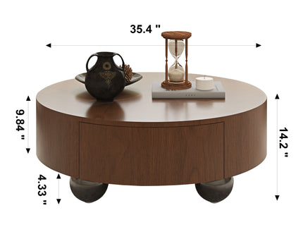 Drum Shaped Coffee Table With Hidden Storage Drawer, Low Profile For Living Room - Walnut
