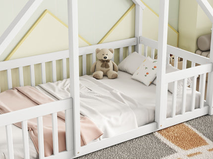 Wood House-Shaped Floor Bed With Fence, Guardrails