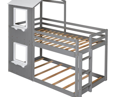 Bunk Bed Wood Bed & Roof, Window, Guardrail, Ladder