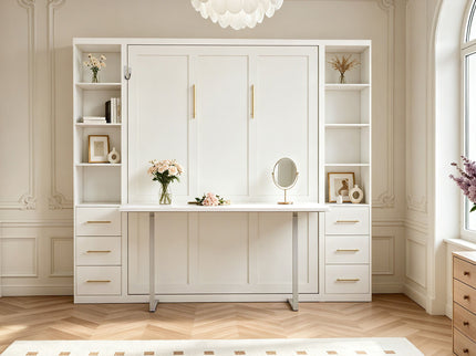 Queen Size Murphy Wall Bed With Side Storage Cabinets - White