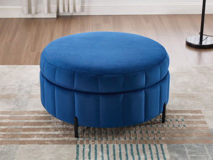 Upholstered Round Ottoman With Reversible Lid, Channel Tufted Pumpkin Shape