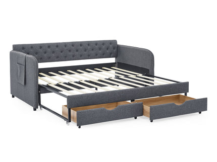 Daybed With Trundle And Storage Drawers, Flat Arms With Pocket