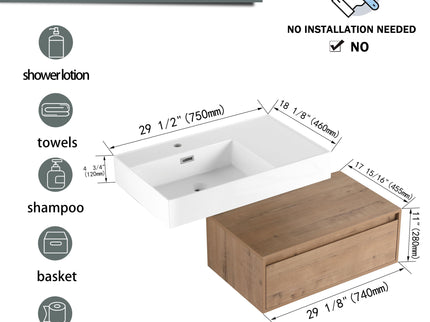 Modern Wall Mounted Bathroom Vanity With Resin Sink And Soft Close Drawer In Imitative - Imitative Oak
