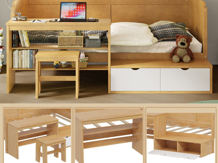 Daybed With Storage Shelves And Lockers, Multi Functional Bed With Study Desk And Matching Stool