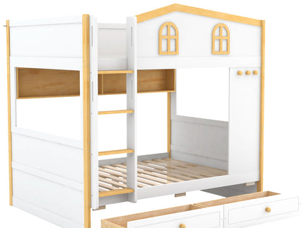 Bunk Bed With House Shaped Guardrails, Storage Shelves, And Trundle