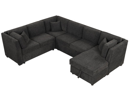 U-Shaped Sectional Sofa Pull Out Sofa Bed With Two USB Ports, Two Power Sockets, Three Back Pillows And A Storage Chaise For Living Room