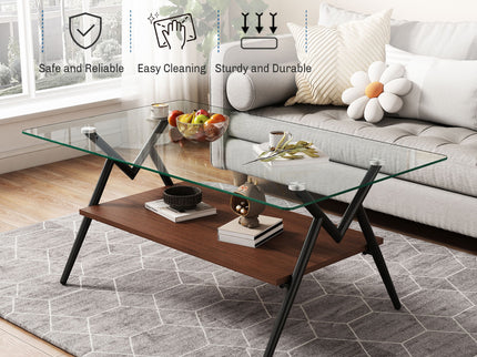 Rectangle Coffee Table With Tempered Glass Top And Shelf